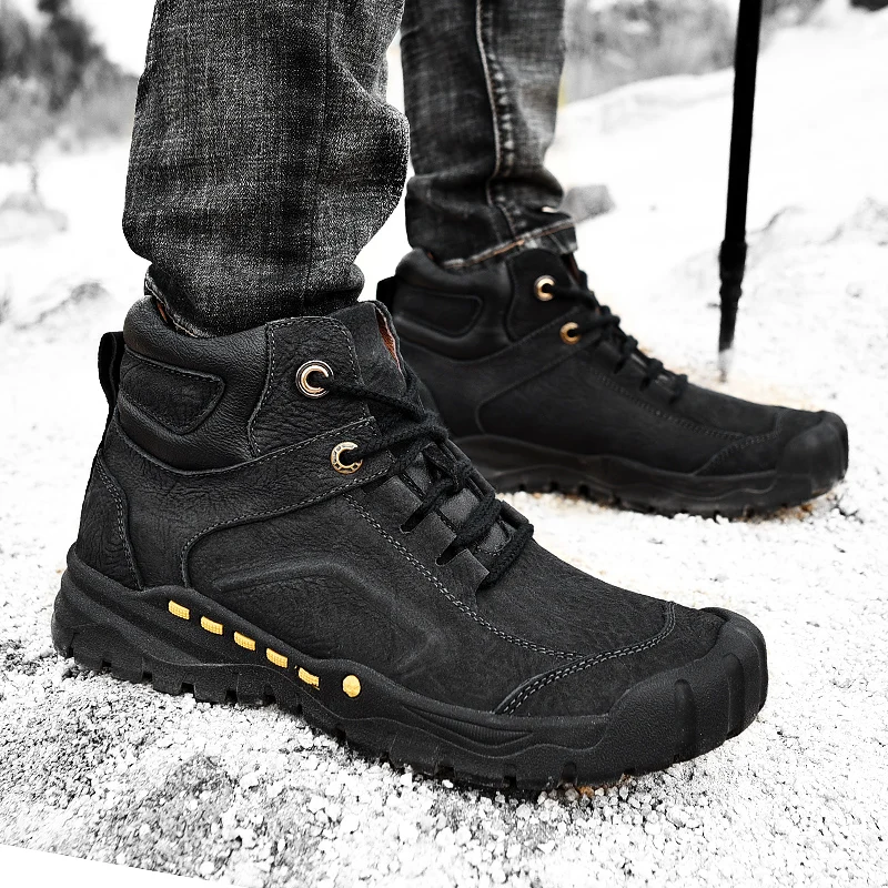 

Fashion Men Boots lace up High Quality genuine Leather Ankle Boots Shoes Outdoor Fur Motorcycle Boots men Winter Shoes