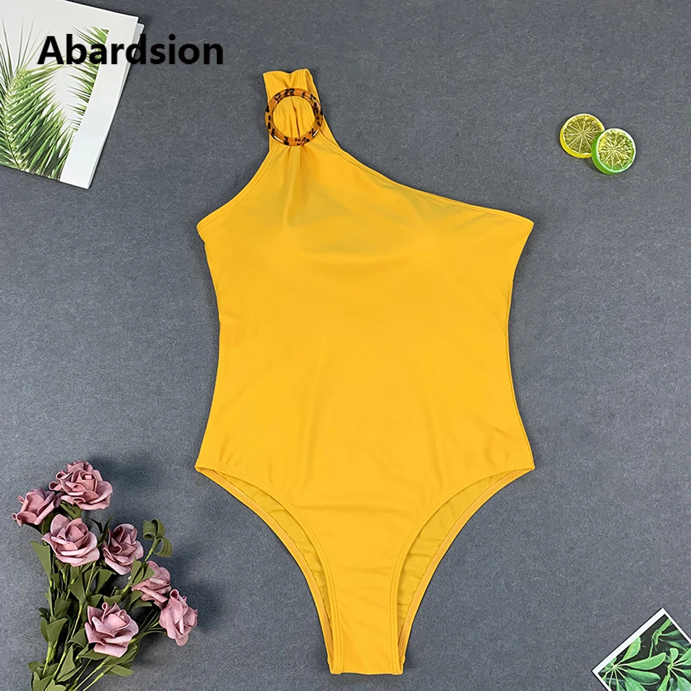 Abardsion One Shoulder Push Up Bodysuit Swimwear 2020 Women Sexy Bathing Suit Yellow Red Green Slim Stretch Piece Swimsuit | Спорт и