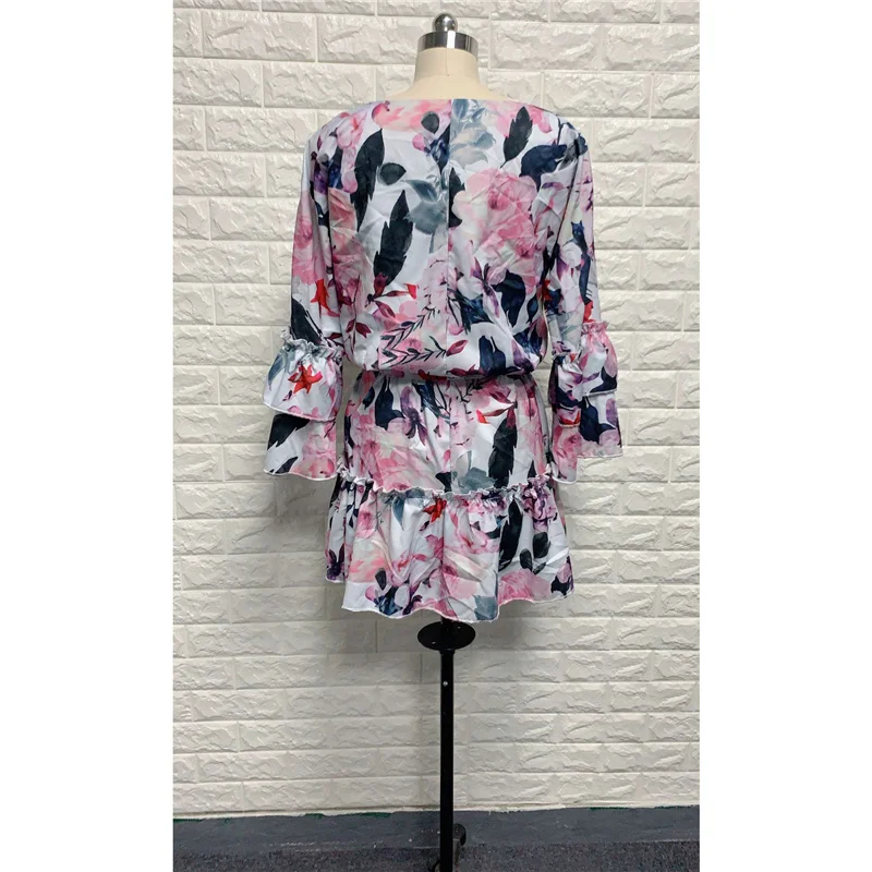 

Summer Clothes For Women 2021 New European American Sweet And Sexy V-Neck Casual Long-Sleeved Floral Lotus Leaf Dress JD1031