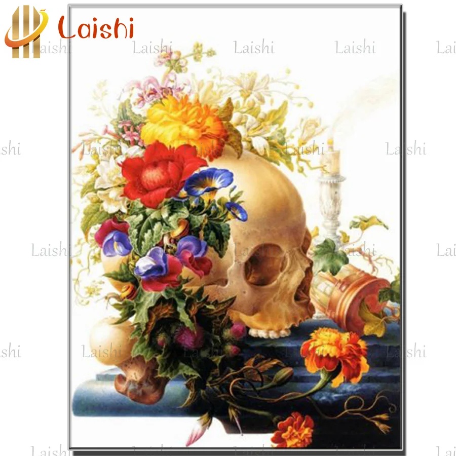 

5D алмазная живопись, череп с цветами, картина Стразы, сделай сам, алмазная вышивка, мозаика, полная квадратная, круглая, сверло, домашний деко...
