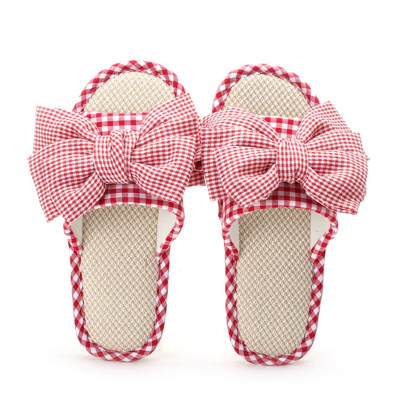 

Rouroliu 2020 Women Summer New Flip Flops Soft Comfortable Home Shoes Female Linen Bow Slippers