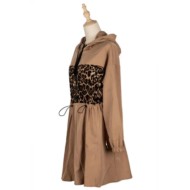 

Womens Long Sleeve Hooded Hoodie Dress Loose Leopard Spliced Winter Mini Dresses