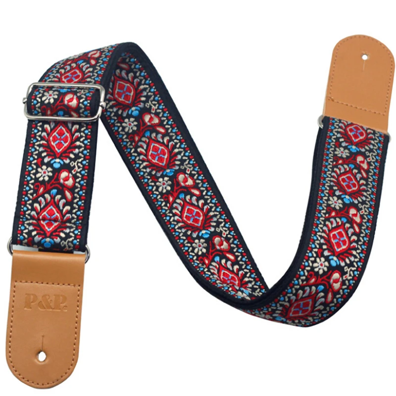 mode 3 farben vintage blumen streifen akustische elektrische gitarre strap woven stickerei stoffe leder enden strap free global shipping