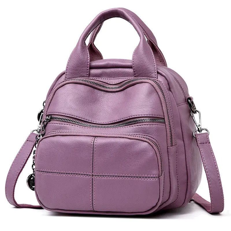 Purple Корейский стиль, мягкий кожаный женский рюкзак для отдыха,, многофункциональная дорожная сумка, мини-рюкзак для мамы, женская сумка через плечо, Sac A Dos - Цвет: Purple