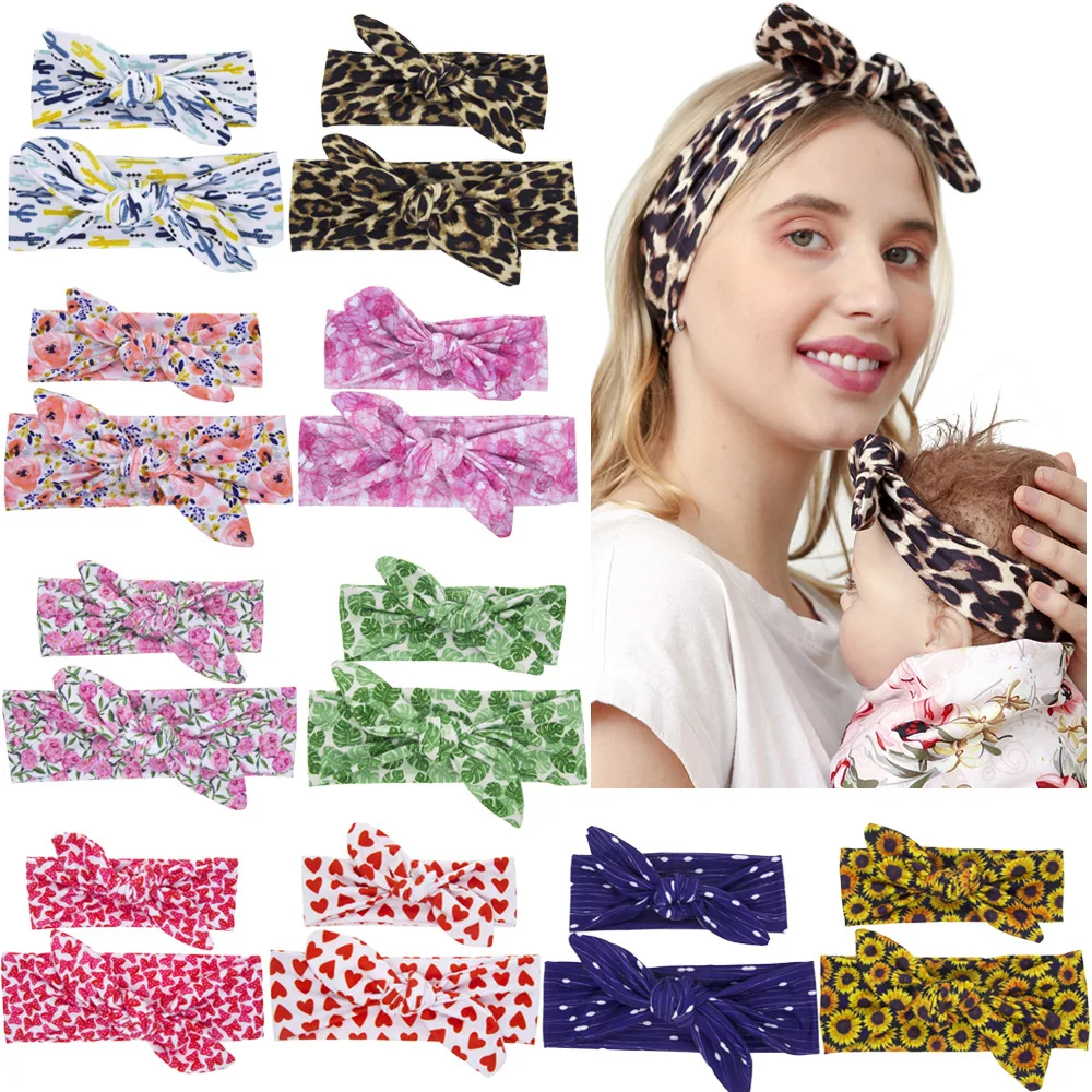 

Mom & Baby Headbands Mother Baby Turban Mom Daughter Rabbit Ears Hairband Floral Print Fabric Knotted Bow DIY Hair Accessories