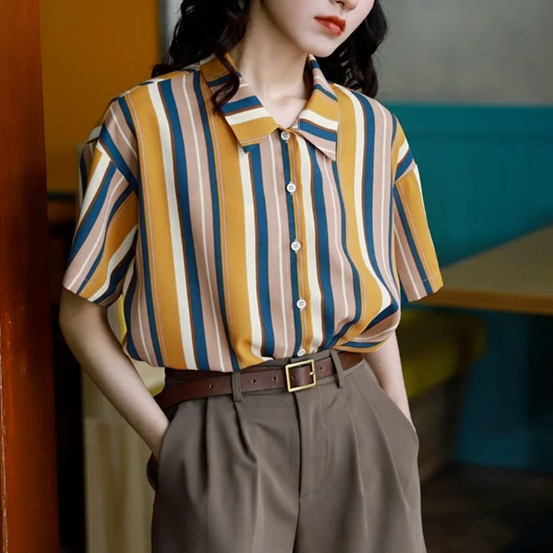 

MINGLIUSILI Vintage Blouse Women Fashion 2021 Summer Stripe Print Button Up Shirt Short Sleeve Plus Size Loose Women Clothing