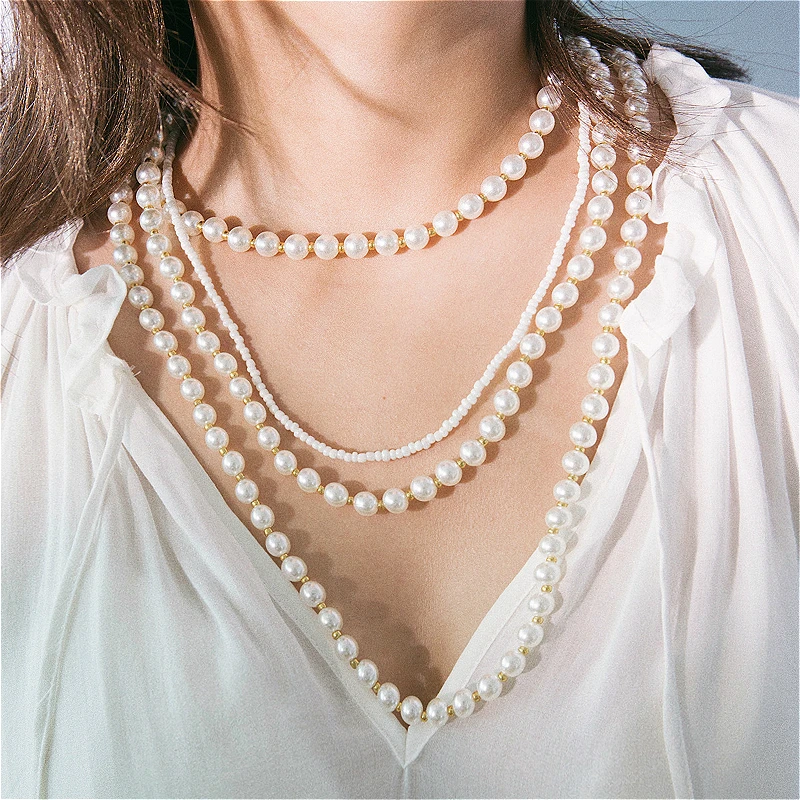 

Aesthetic Simulated Pearl Necklace For Women Trendy White Pearl Beaded Choker Multilayer Sweater Chain Necklaces Jewelry