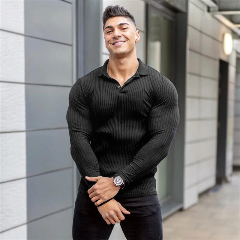 Spring Autumn Fashion Men Long Sleeve Knitted Polo Shirt Fitness Clothing Slim Fit Strips Polo T-shirt Male Brand Gym Tees Tops