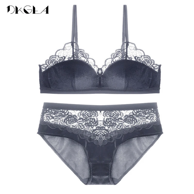 New Velvet Bras Lace Lingerie Set Blue Thin Cotton Brassiere Women Underwear Set Wire Free Embroidery Sexy Bra Panties Sets