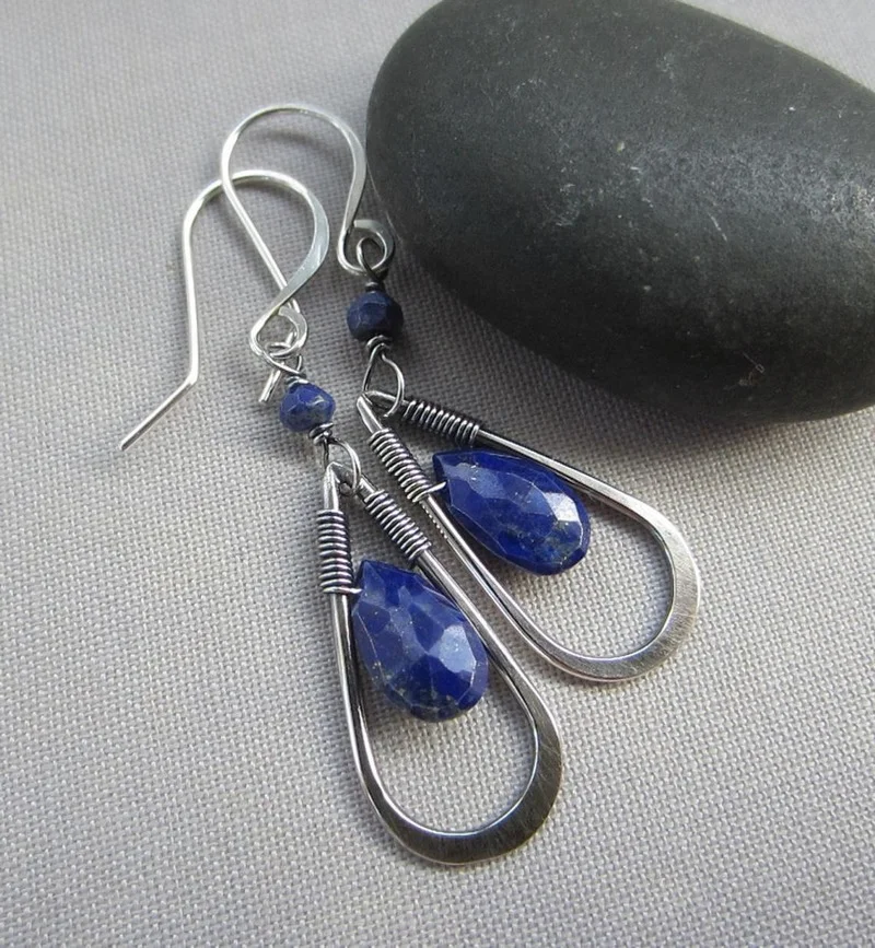 

Bohemia New Oxidized Ancient Silver Lapis Lazuli Water Drop Earrings Hand Woven Hanging Blue Stone Earrings Jewelry