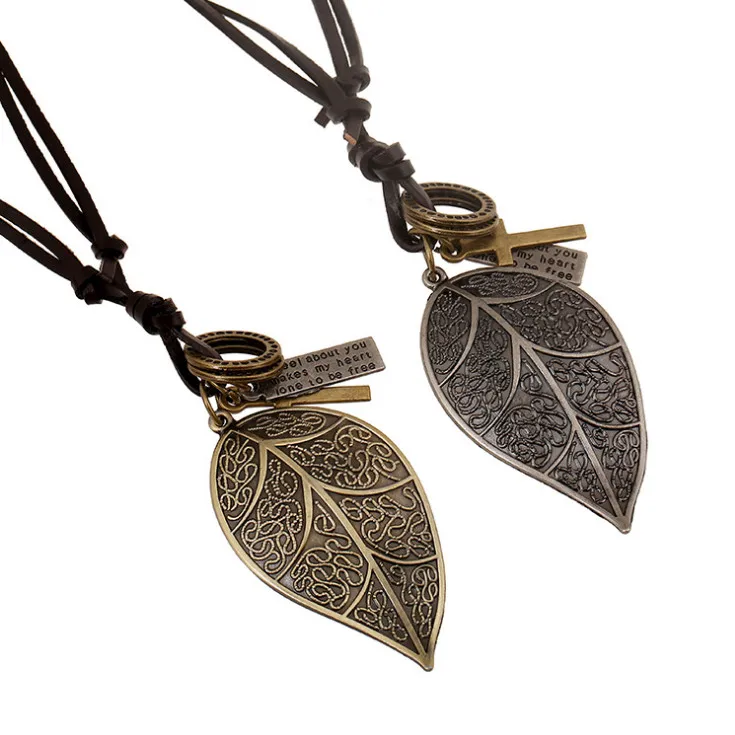 Vintage Retro Mode Lange Ketting Legering Leaf Cross Hanger Bruin Lederen Charm Mannen Vrouwen Casual Sieraden Gift Vintage Retro Mode Lange Ketting Legering Leaf Cross Hanger Bruin Lederen Charm Mannen Vrouwen Casual Sieraden Gift