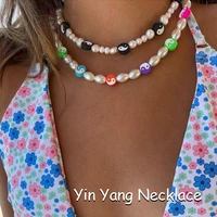 2000s aesthetic pearl black white yin yang necklace for women y2k jewelry rainbow bead fashion necklace egirl style friends gift