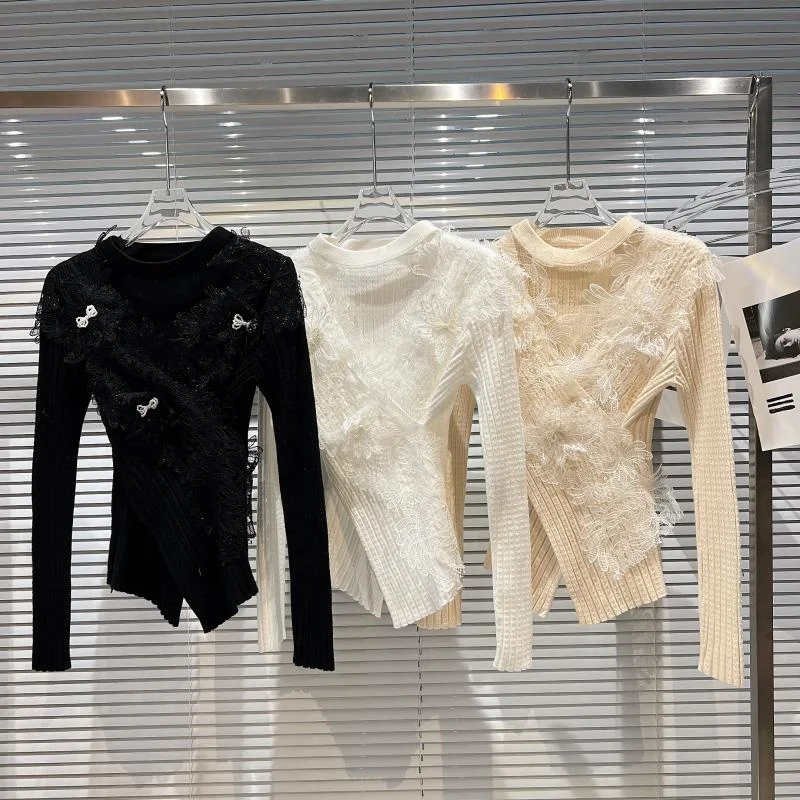 Lace Detailed O Neck Form Fitted Cross Women Sweaters White / Beige / Black