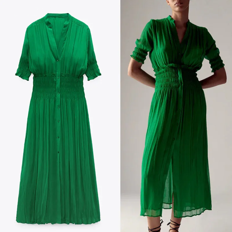 

NWOMN Za 2021 Green Dress Tunics Women Ruched Dress Summer Long Pleated Dresses Woman Vintage Chiffon Dress Puff Sleeve Dresses