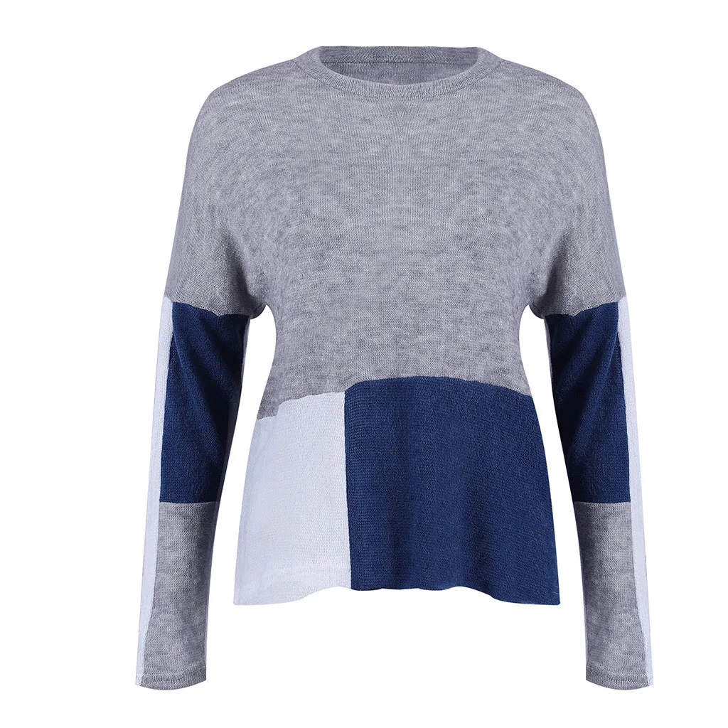 Женский свитер с круглым воротником синий лоскутный головной убор длинными