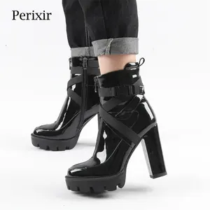 Женские ботильоны на платформе Perixir на толстом каблуке 12 см, женские ботинки с круглым носком на высоком каблуке, черные, белые осенне-зимние ботинки 2020