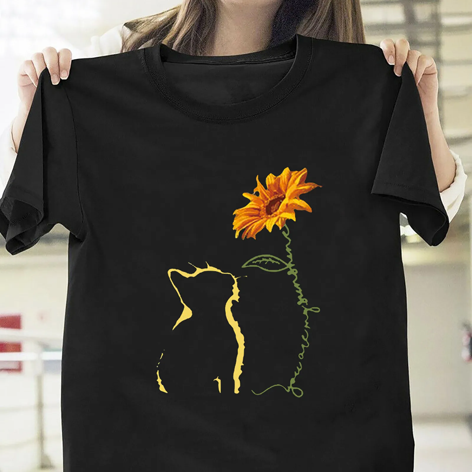 

Кота с изображением подсолнуха футболки с принтом женская 2021 модный принт с круглым вырезом лодочкой с короткими рукавами для мальчиков и д...