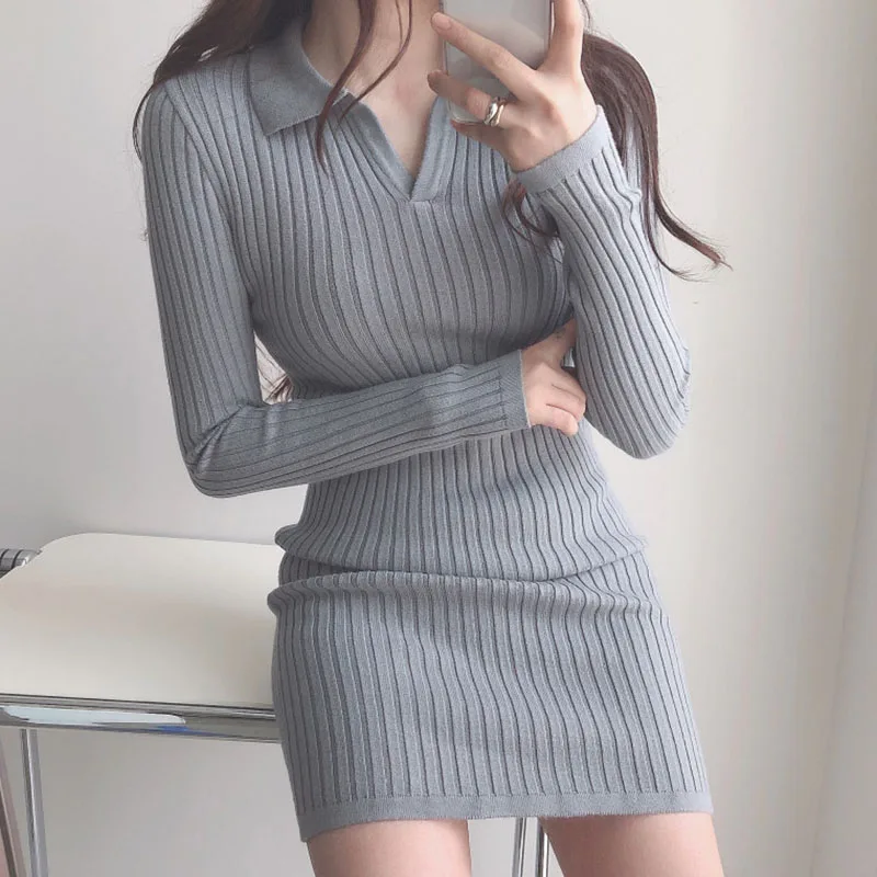 

Vintage Simple Polo Collar Elasticity Slim Short Knitted Dress Female 2022 Spring/Autumn New Korean Chic Bag Hip Sweater Dresses