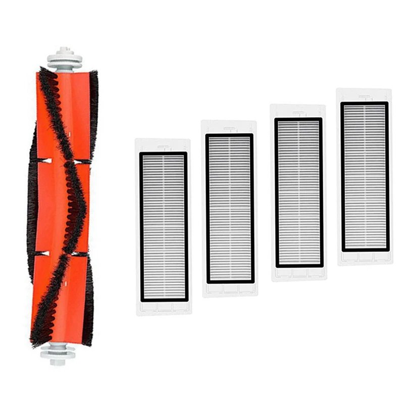 5 Pcs Robot Vacuum Parts: 1 Pcs Roller Main Brush Black-Orange & 4 Pcs Strainer Filter White
