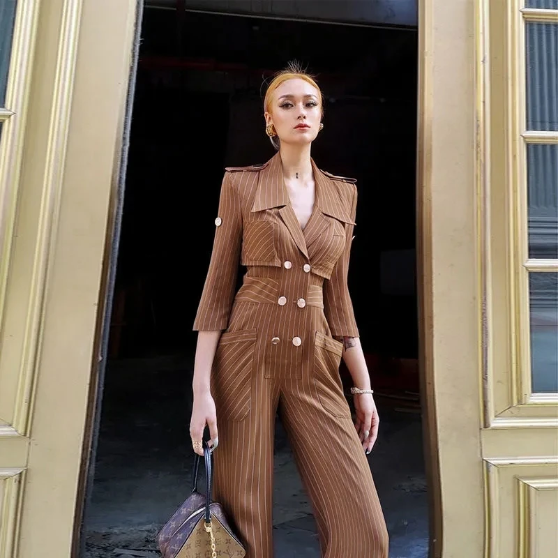 Женский Летний Новый Полосатый слитный комбинезон в стиле милитари Элегантный