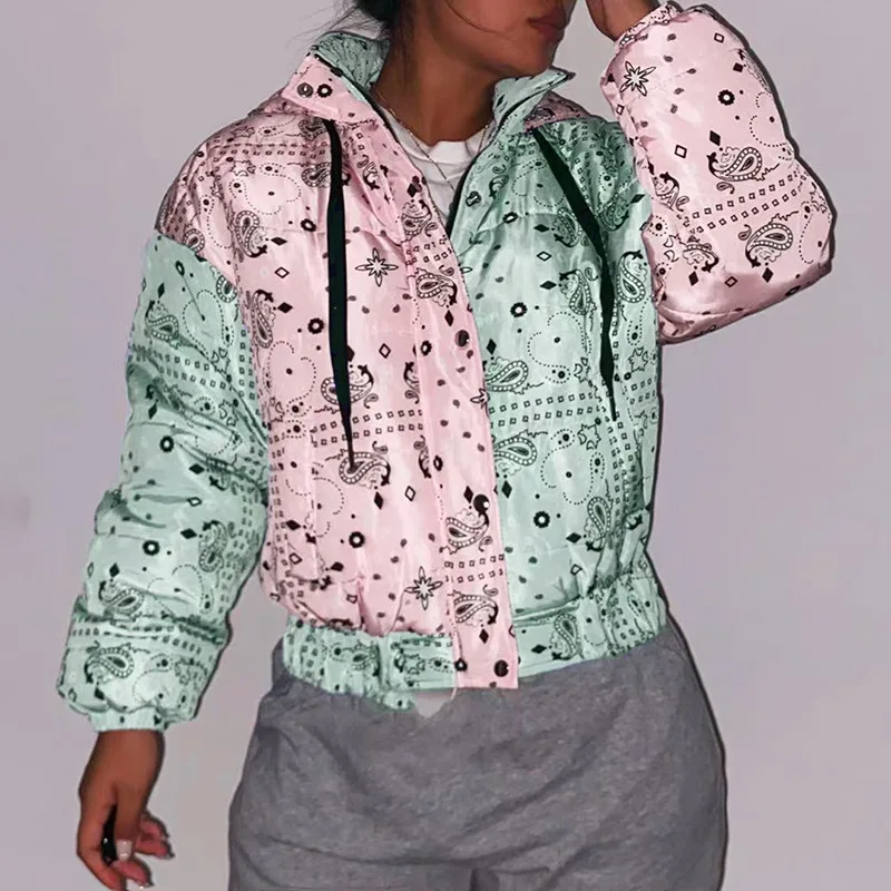 2021 Autumn Winter New Printed Color Matching Hooded Jacket Long-sleeved Zipper Padded Women Harajuku Clothes Thick Parkas