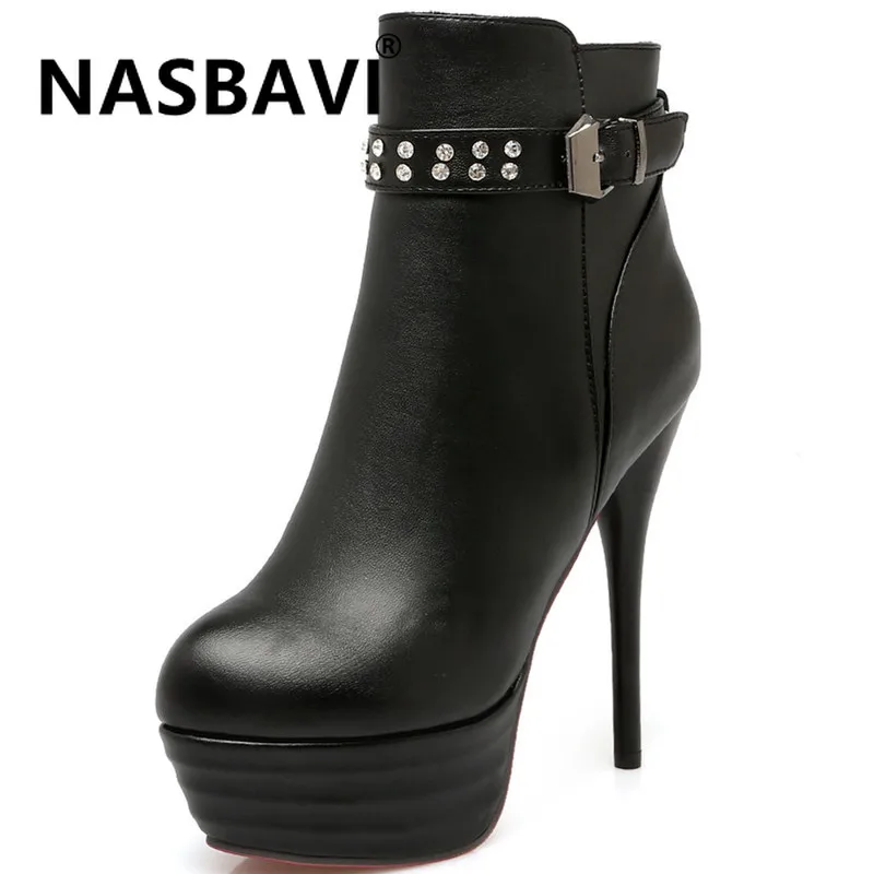 

NASBAVI 2019 New Size 33-43 Lady Sexy Boots Women winter Fashion High Heel belt buckle Exquisite Rhinestone Women ankle boot