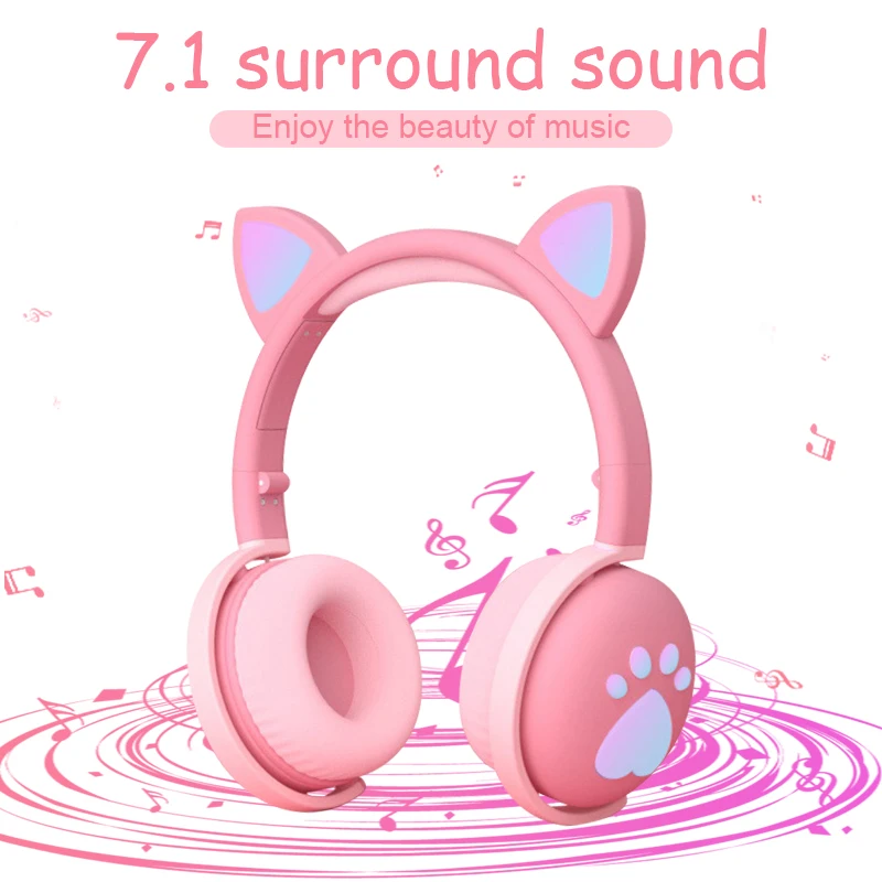 Cute Cat Headphones For Children Kids Wireless LED Light Cat Ear Blue-tooth Compatible Cat Paws Headset With Mic For Girl GIfts images - 6