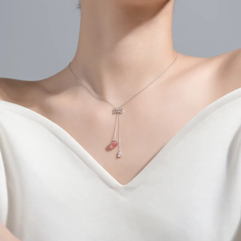 

Женский кулон-чокер daiwujanan, корейский кулон клубника из стерлингового серебра 925 пробы с кристаллом и бантом, украшение для волос