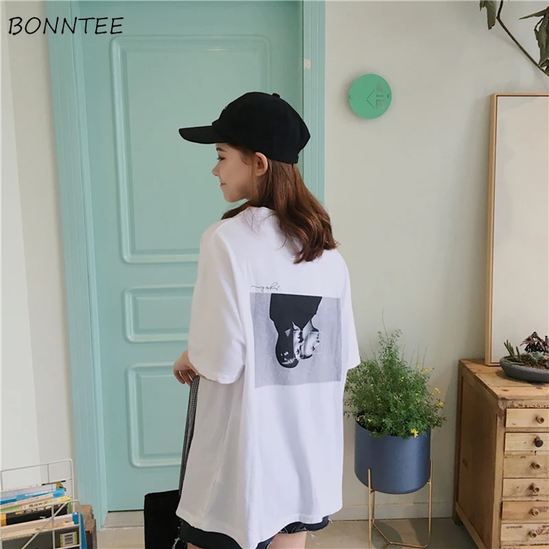 

Футболка женская, с коротким рукавом, модная, свободная, с принтом, в Корейском стиле, универсальная, с круглым вырезом