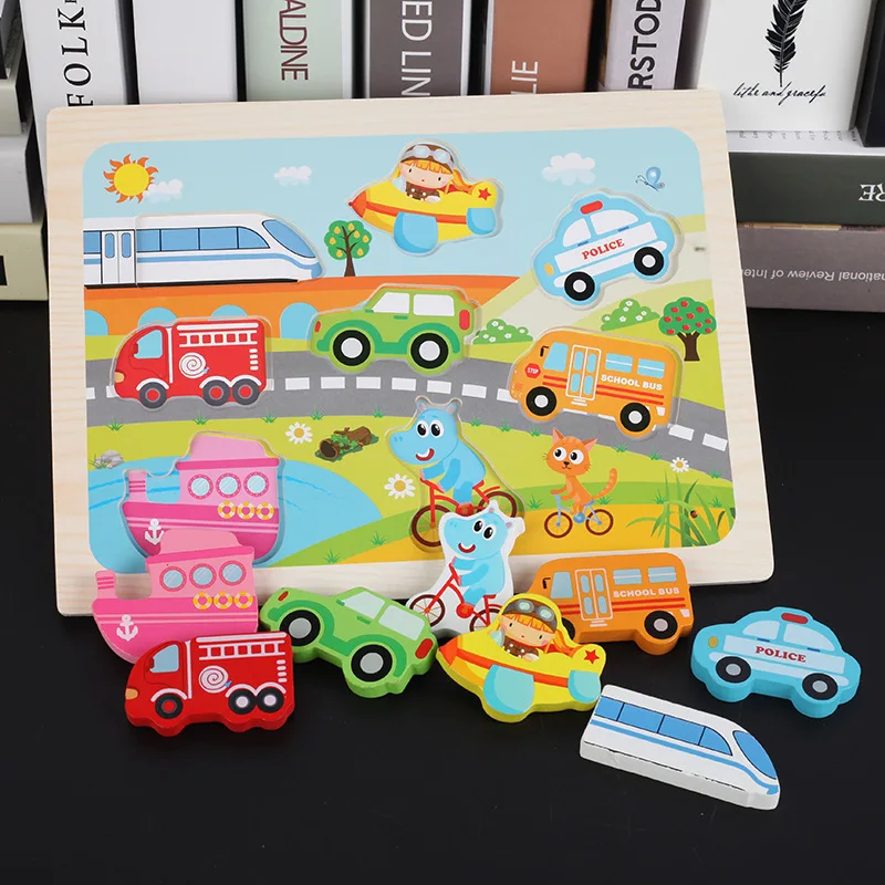 

New Jigsaw Toys Montessori Wooden Puzzle Hand Grab Board Educational Wood Puzzles for Kids Cartoon Animal Vehicle Child Gifts