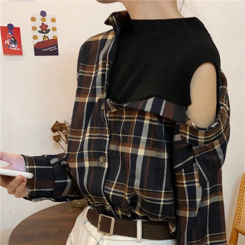

womens tops and blouses turn-down collar patchwork button korean fashion clothing blusas mujer de moda streetwear style fall