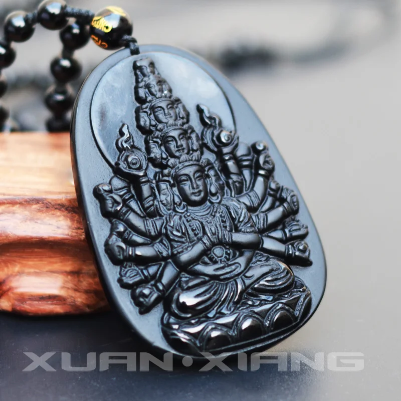 Мужские ожерелье с кулоном черный обсидиан резные Avalokitesvara Guanyin Будда Бодхисаттва