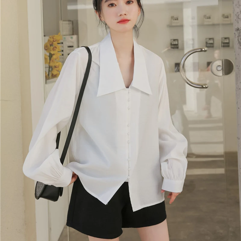 

Vintage Lantern Sleeve Spring Winter Women Shirt Blouses Single Breasted Blouse Female Loose Shirts Tops