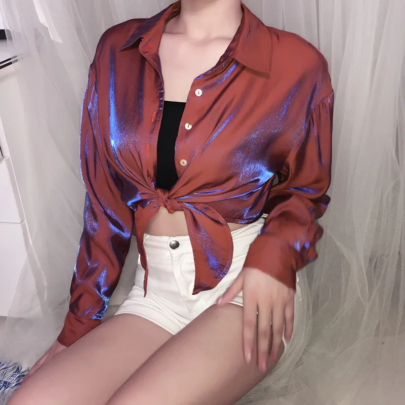 

Women Turn-Down Collar T Shirt Vogue Solid Long Sleeve Female Tops Tee Shirts Casual Ladies Drawstring Short Tshirt