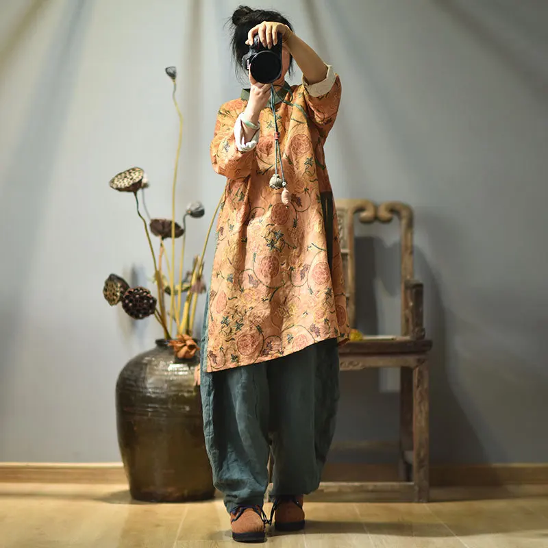 

Cotton Linen Retro Plate Buckle Print Slit Long Sleeve T-shirt 2021 Autumn New Loose Comfortable All-match Women Tops