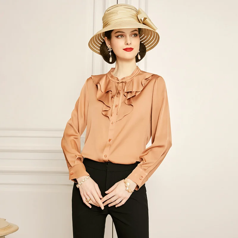 

Женский Шелковый Топ SHZQ, Новинка весна-осень 2021, рубашка из шелка тутового шелкопряда с длинными рукавами, однотонная Модная рубашка, темпер...