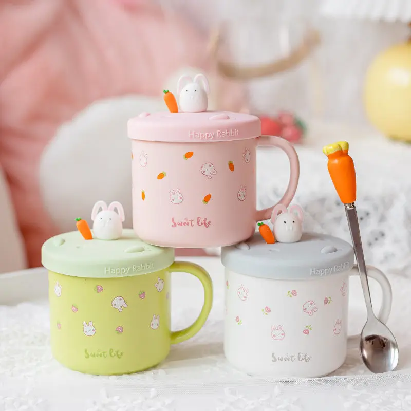 

Cartoon rabbit Mug cute ceramic cup with lid summer water cup high value simple milk breakfast cup