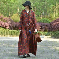 free shipping 2021 new fashion cotton long maxi dress women long sleeve loose dress flower print v neck spring autumn dresses