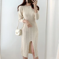 croysier dresses for women casual o neck cable knitted sweater dress winter long sleeve elegant front slit sexy bodycon dress