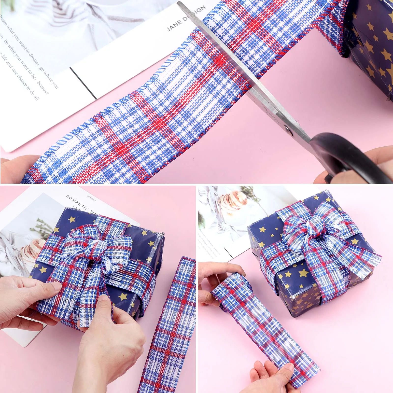 

Wired Ribbon Buffalo Plaid Independence Day Faux Burlap Patriotic for DIY Crafts Wrapping Gifts Floral Bows Wreath Decor