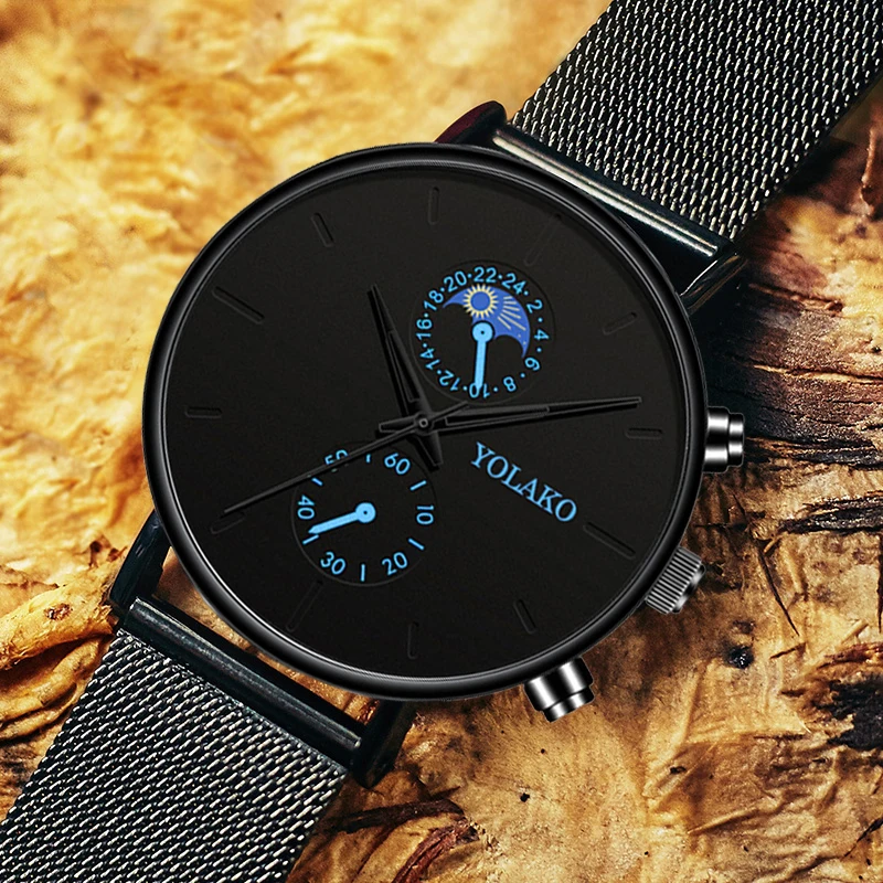 Мужские повседневные часы из черного сплава с сеткой Креативные мужские большим