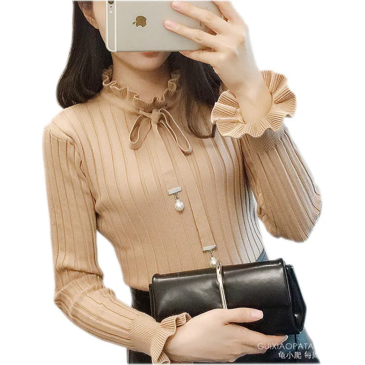 

Fall 2019 new knitted sweater women Korean bow pullover slim bottoming sweater pullover women's coat tide sweater women