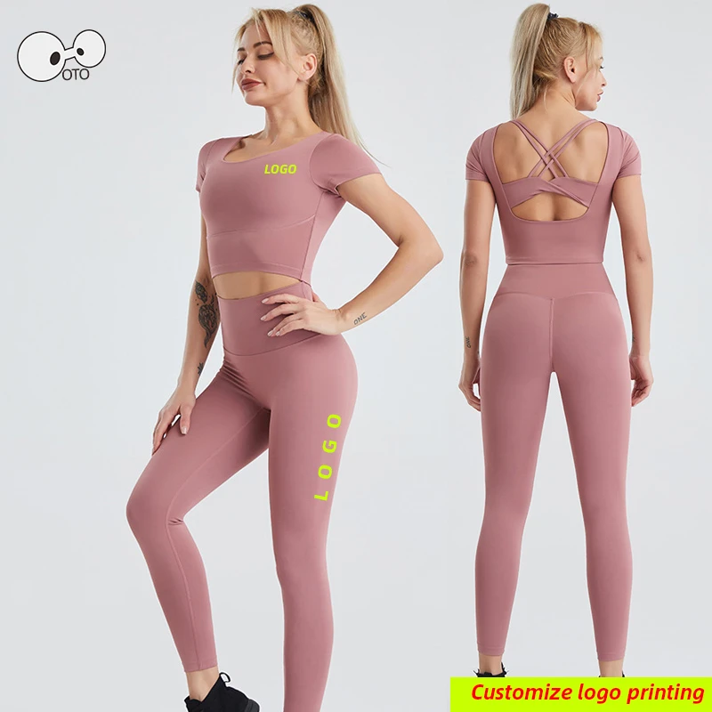 

High Stretch Quick Dry 2 Pcs Running Set Women Short Sleeve Yoga Suit Build In Bra GYM Shirts & Tights Training Tracksuit Custom