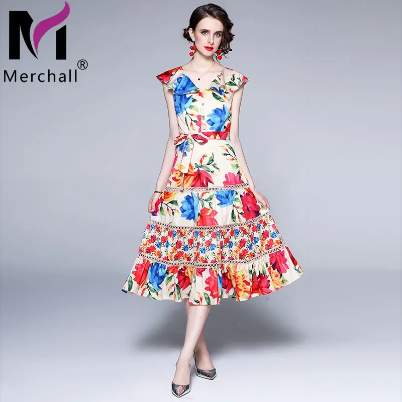 

Boho Vintage Maxi Dress Woman's Retro Flower Print Patchwork V Neck Sleeveless Bow Sashes A Line 2021 Runway Long Dress M61380