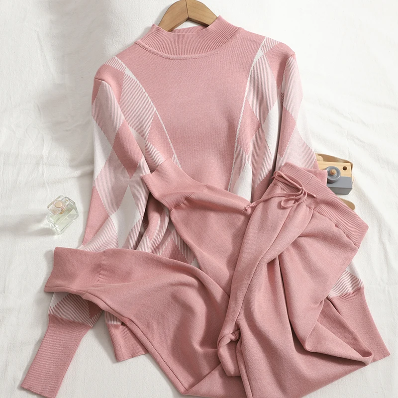 

2021 autumn and winter contrast color plaid half high collar top + solid color harem pants trousers knitted two-piece women