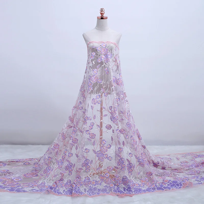 Розовый мягкий красочный вышитые кружева тюль платье свадебное ткань у двора