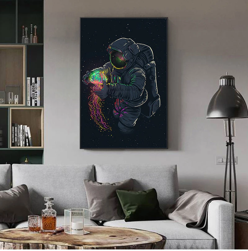 

Забавное искусство, астронавт, играющая в космическую медузу, Картина на холсте, плакаты и принты, современные настенные картины, картины дл...
