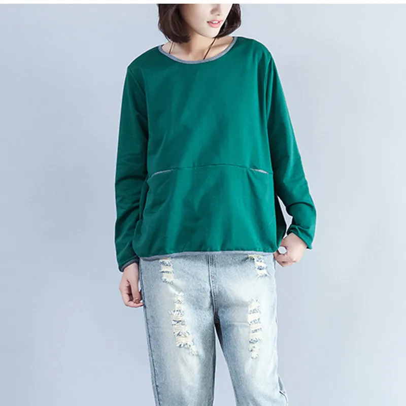 Johnature Autumn Winter New Solid Color O-neck Pullover Loose Women Hoodies Tops 2019 4 Colors Patchwork Casual Sweatshirts | Женская