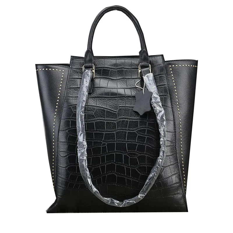 

Luxury Black Crocodile Pattern Ladies Handbag Top Quality Genuine Cow Leather High Capacity Women Shoulder Bags