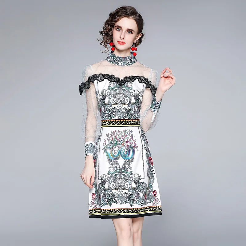 

Mesh Vintage Sexy French Dress Women Long Sleeve Gauze Above Knee, Mini Turtleneck Women Dresses Summer 2021 Chinese Fashion